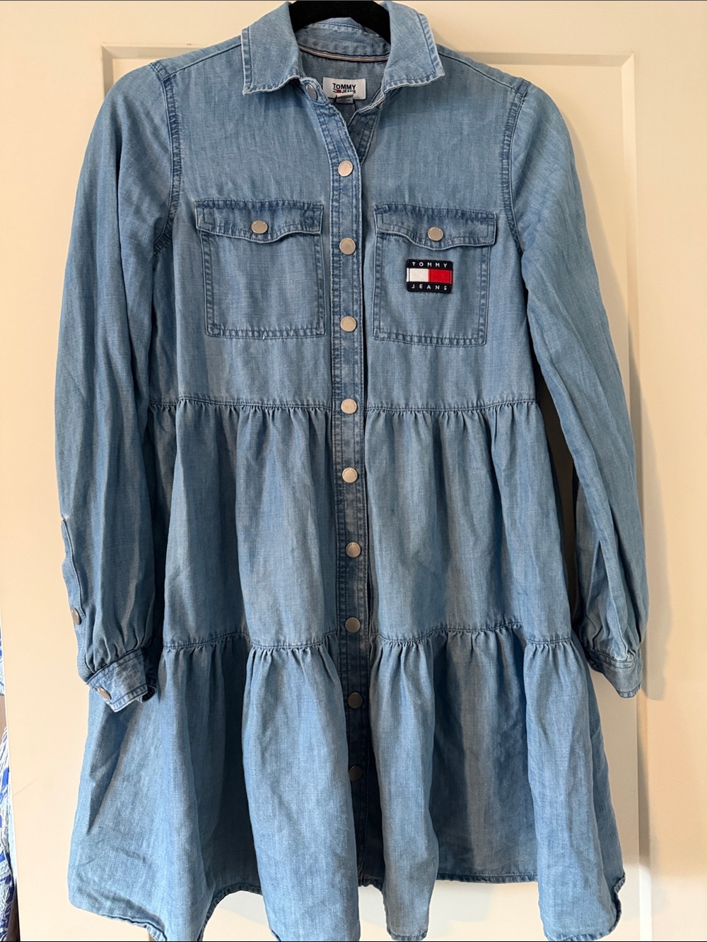 Tommy Hilfiger Light Blue Denim Tiered Button-Front Jacket Dress